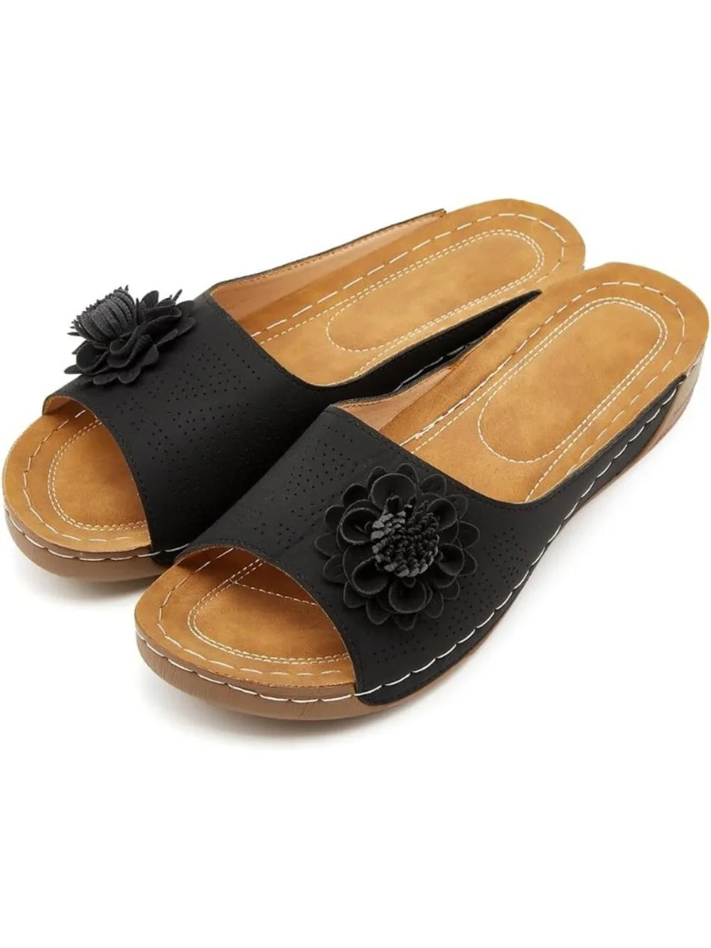 Women's Black Faux Leather Summer Wedge Low Open Toe Slides Dressy Flower Sandal